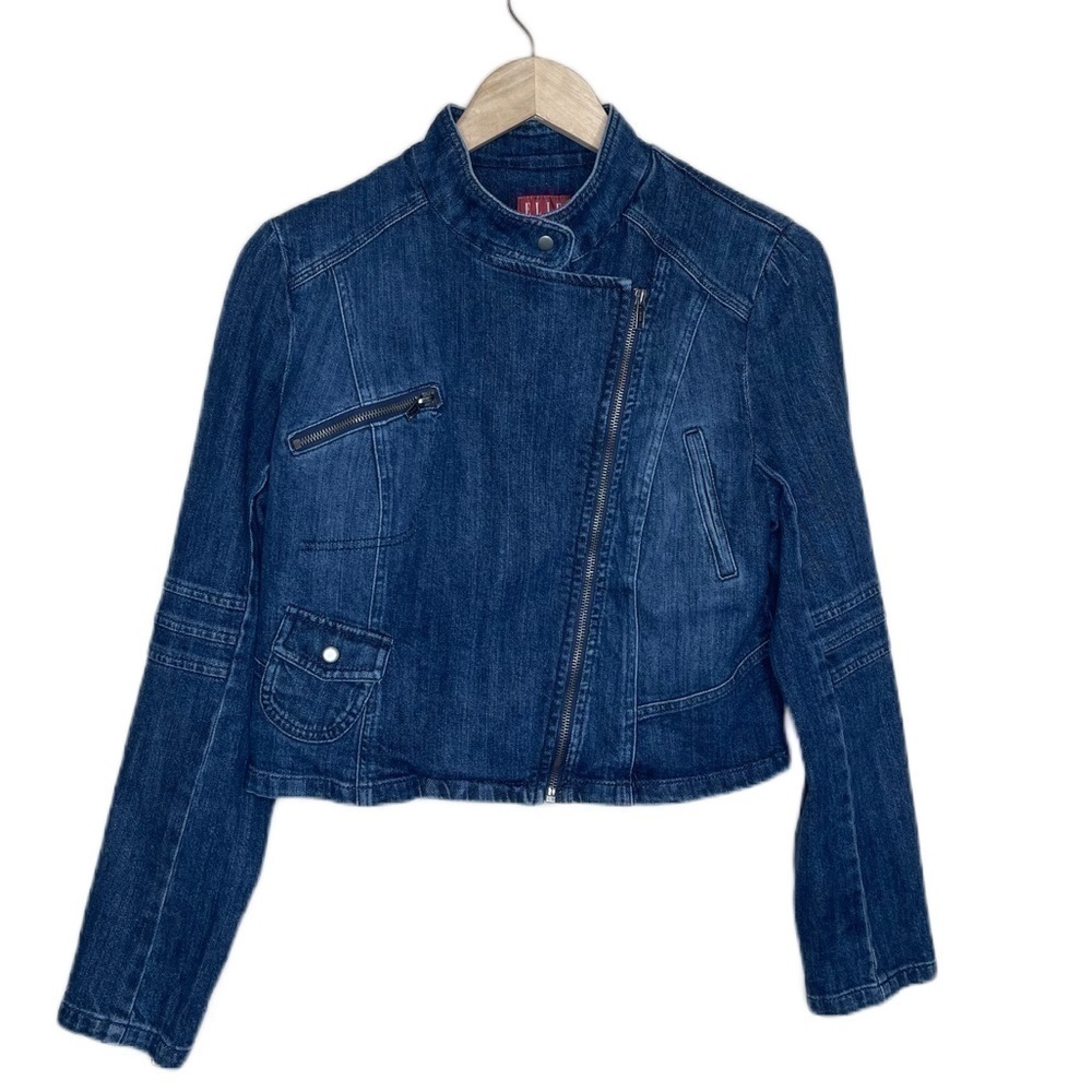 Elle denim short moto long sleeve zipper jacket